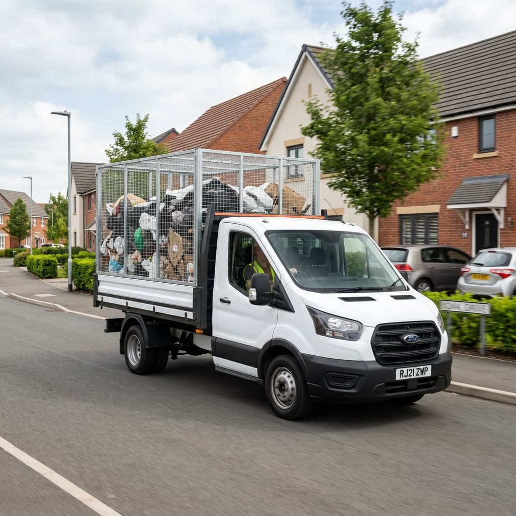 A caged tipper van for rubbish and waste collection driving along a residential UK street