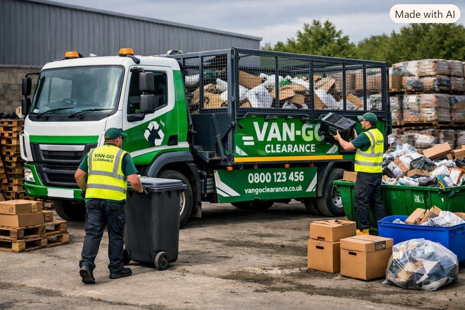 A Van-Go Clearance caged tipper being loaded with sorted business waste at a recycling depot
